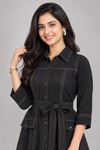 Elegant Black Contrast Stitch A-Line Midi Dress