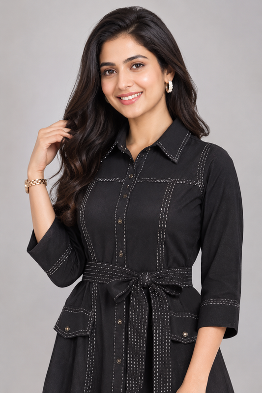 Elegant Black Contrast Stitch A-Line Midi Dress