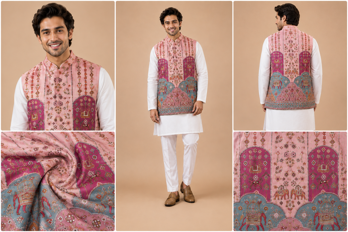 Royal Pink Printed Nehru Jacket Kurta Set