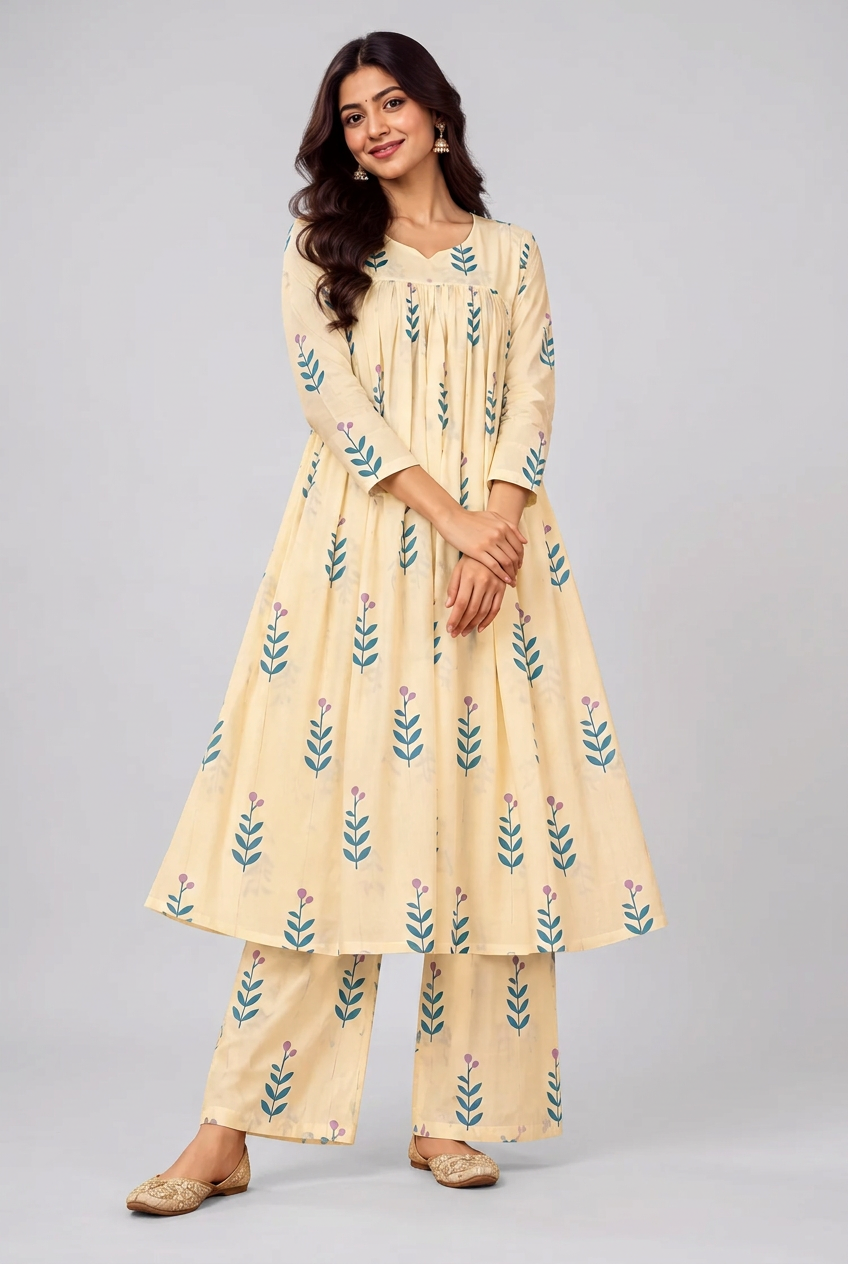 Elegant Cream Floral Printed Kurta & Palazzo Set for Women