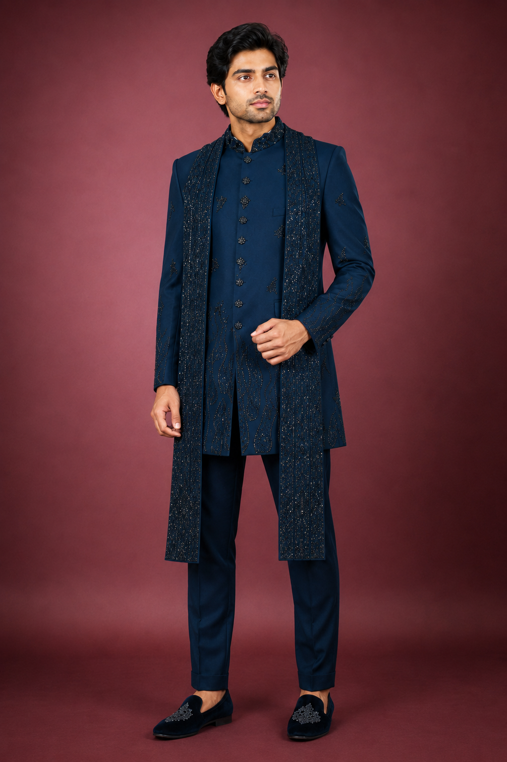 Navy Blue Embellished Indo-Western Sherwani Set for Men
