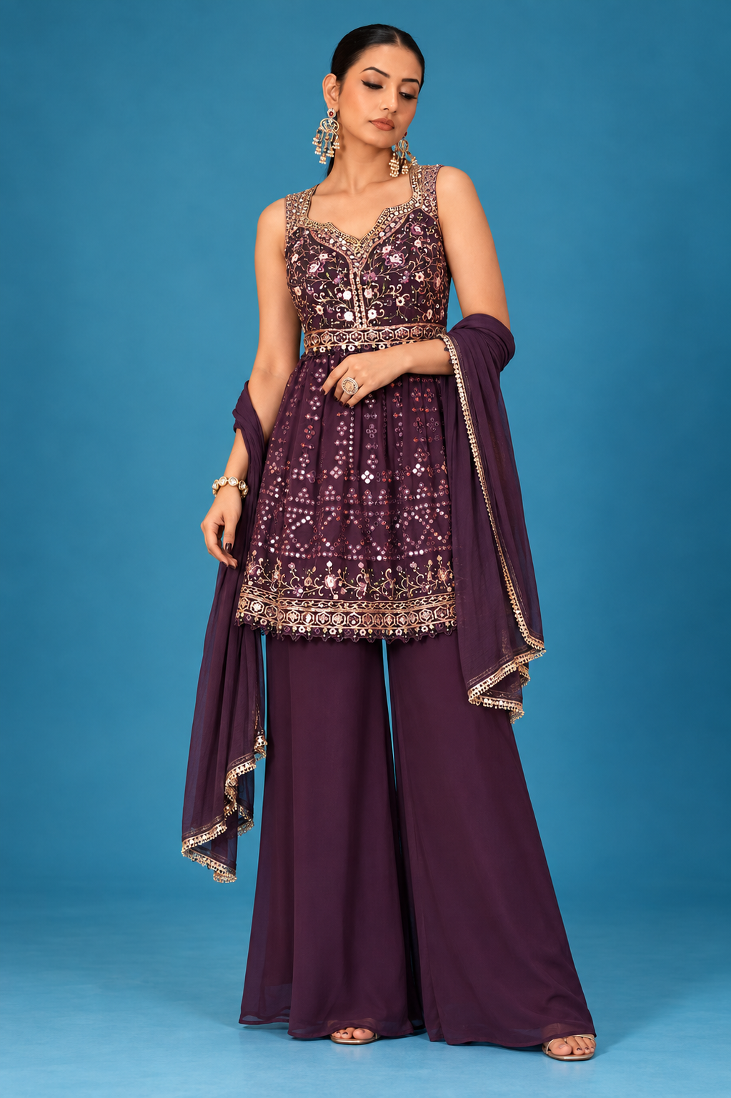 Elegant Plum Embroidered Palazzo Set