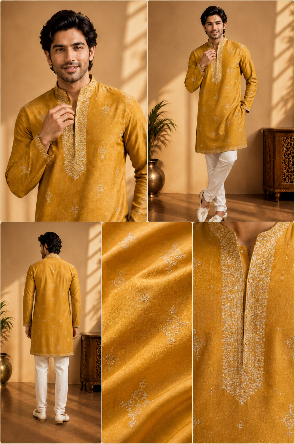 Mustard Gold Embroidered Men’s Festive Kurta Set
