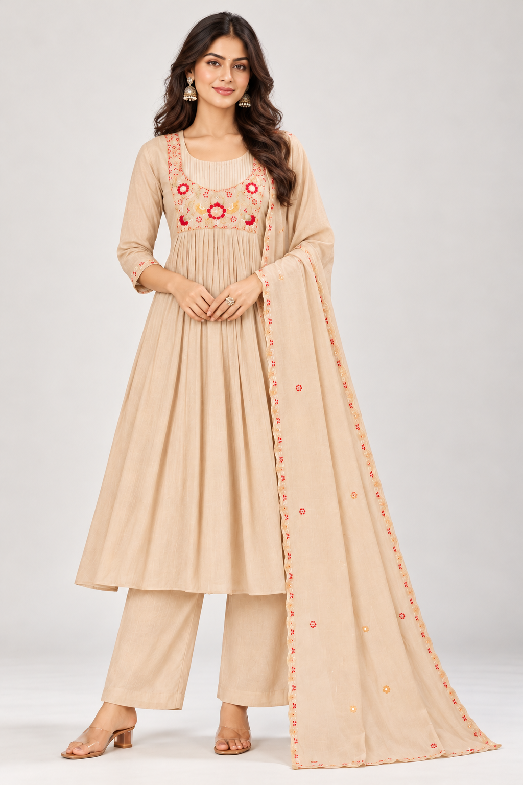 Elegant Beige Floral Embroidered Anarkali Kurti Pant Set with Dupatta