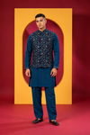 Men's Premium Teal Blue Kurta Pant Set with Designer Printed Nehru Jacket