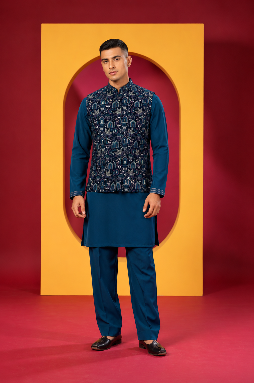 Men's Premium Teal Blue Kurta Pant Set with Designer Printed Nehru Jacket