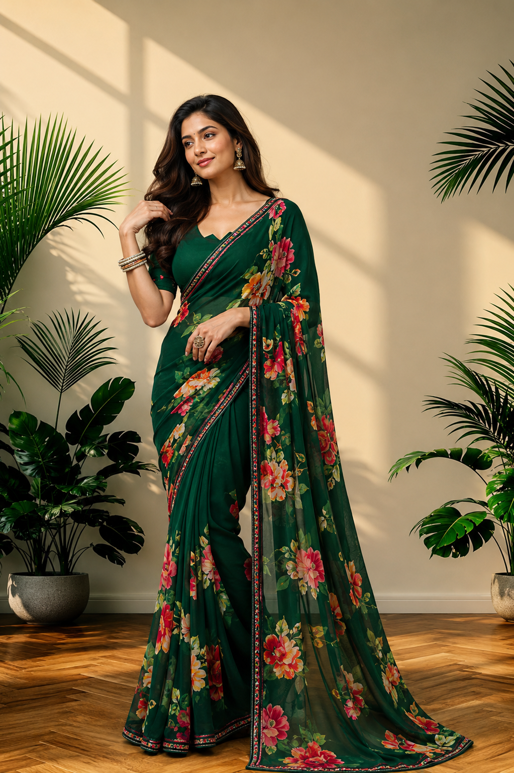 Elegant  Printed Georgette Saree with Designer Border