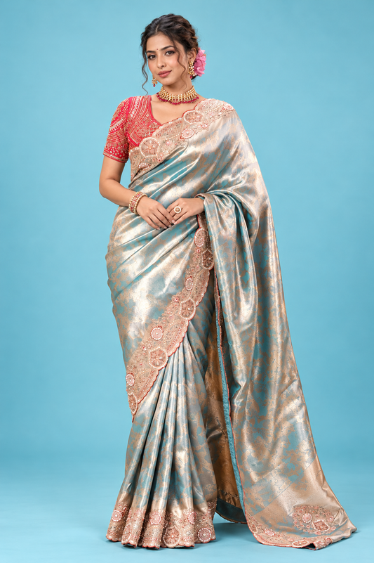 Elegant Aqua Blue & Gold Designer Saree with Floral Embroidered Border & Rich Pallu