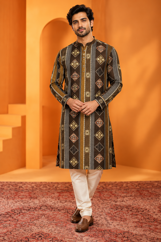 Men's Brown Geometric Printed Ethnic Kurta