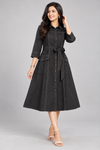 Elegant Black Contrast Stitch A-Line Midi Dress