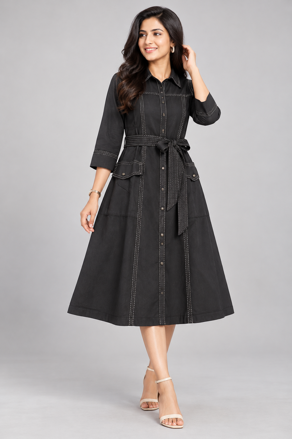 Elegant Black Contrast Stitch A-Line Midi Dress