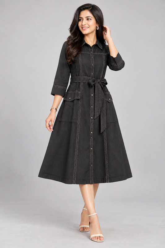 Elegant Black Contrast Stitch A-Line Midi Dress