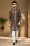 Brown Embroidered Indo-Western Sherwani Set for Men
