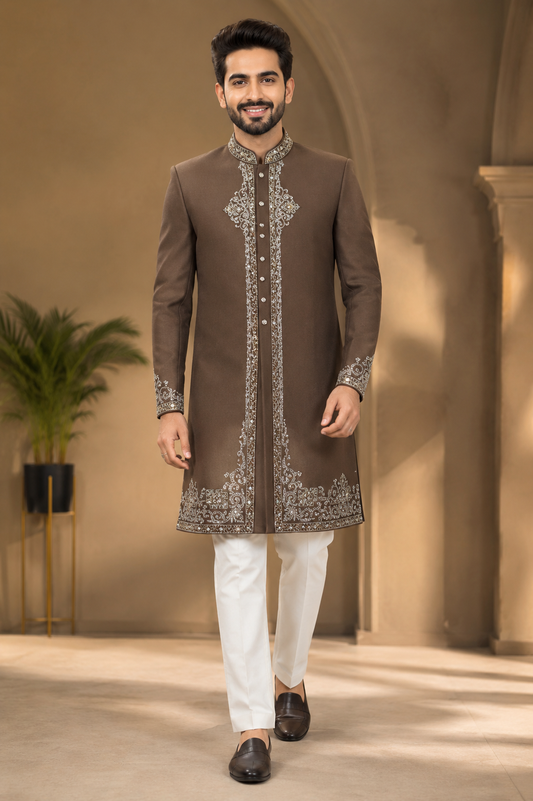 Brown Embroidered Indo-Western Sherwani Set for Men