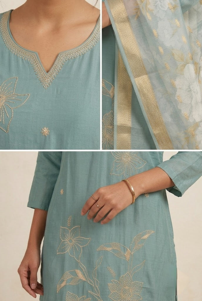 Floral Embroidered Kurta Pant Dupatta Set