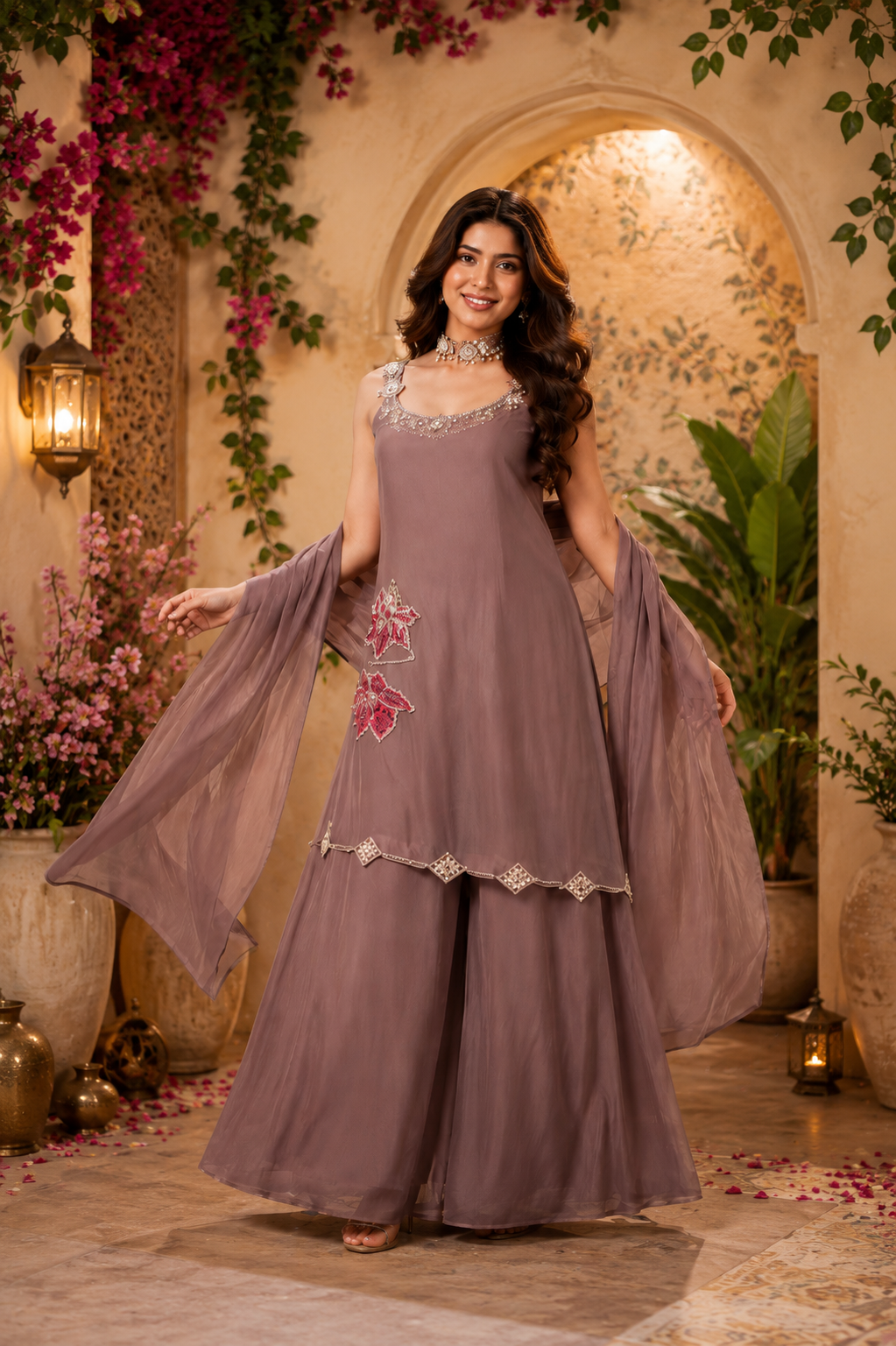 Embroidered Designer Kurta Set with Palazzo & Chiffon Dupatta