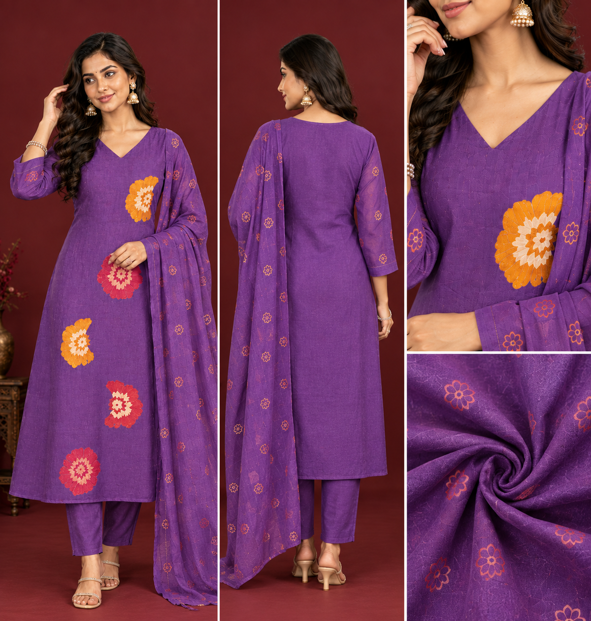 Royal Purple Floral Print Kurta Set with Dupatta