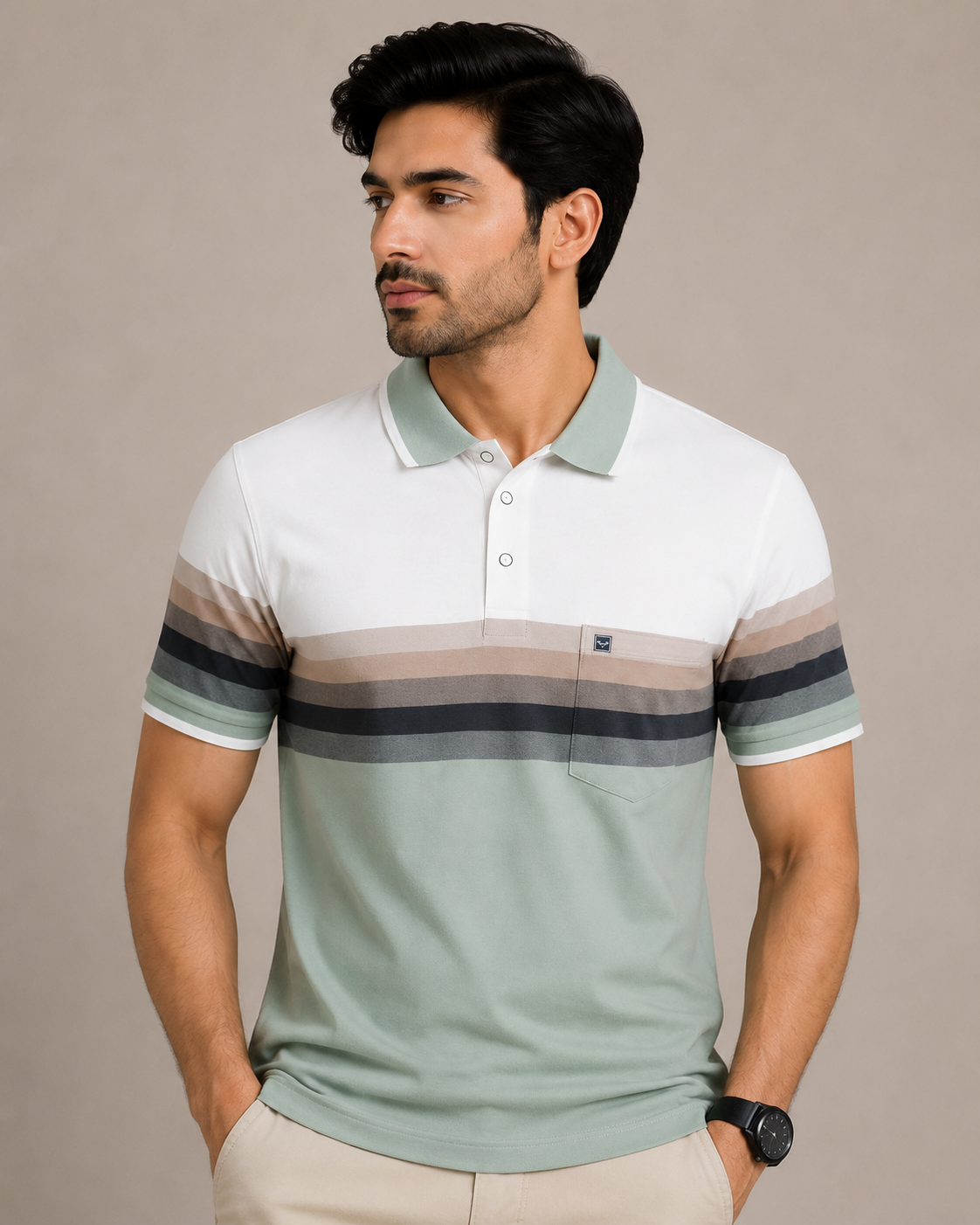 Men’s Sage Green Striped Polo T-Shirt