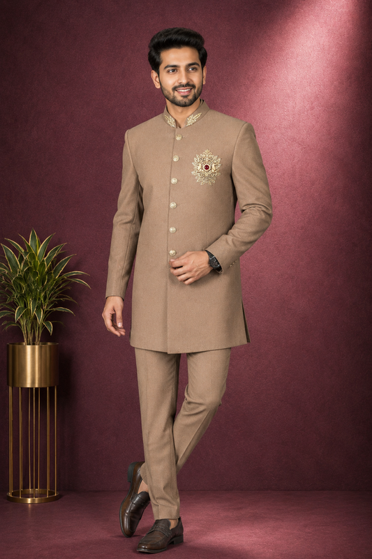 Beige Embroidered Indo-Western Jodhpuri Suit