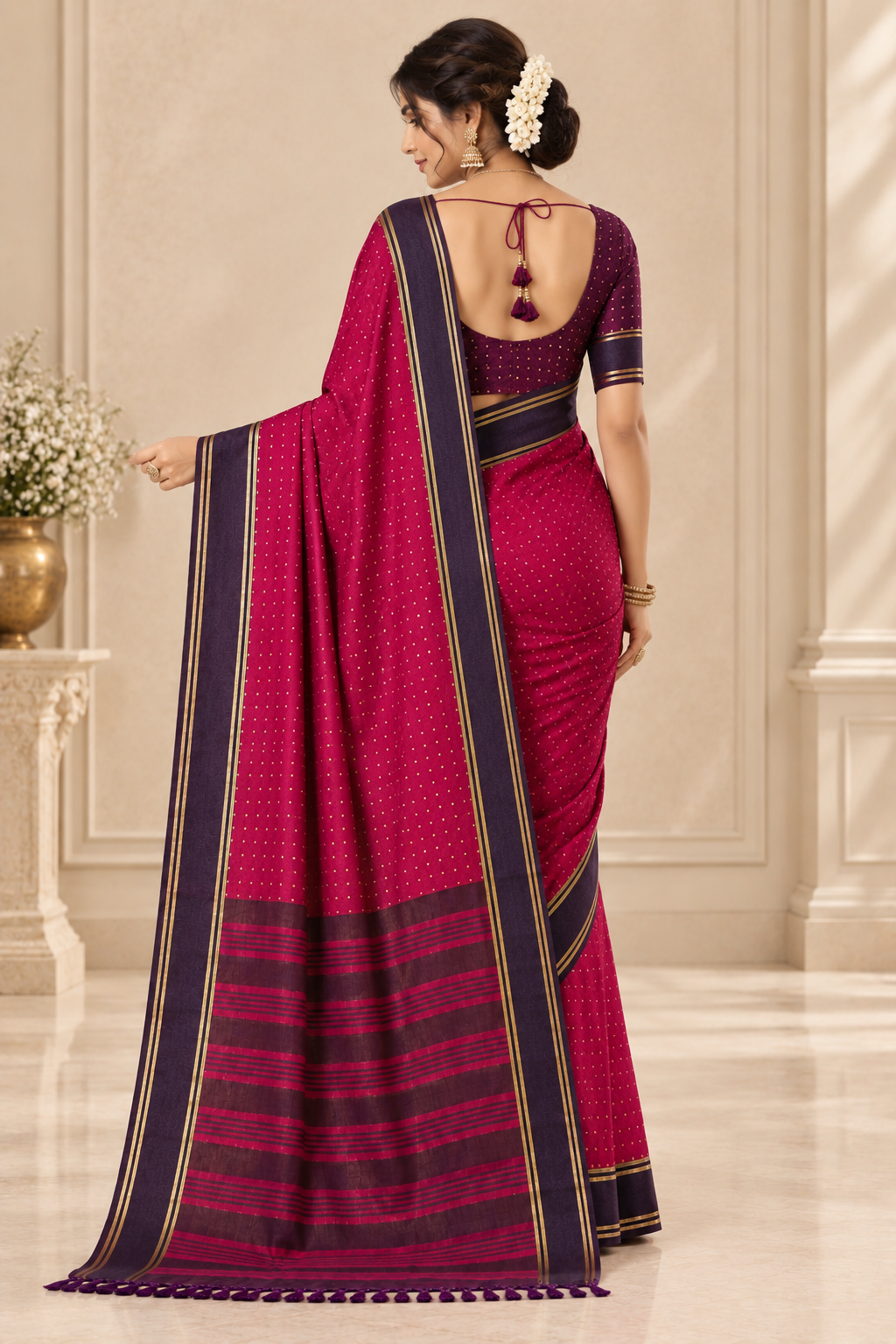 Magenta Pink Traditional Saree with Deep Purple Border