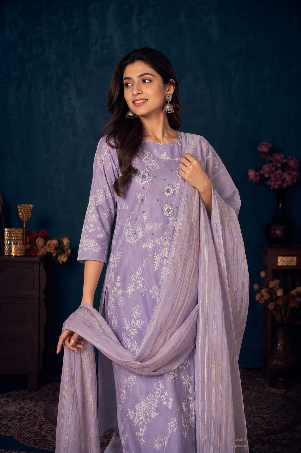 Lavender Floral Printed Kurta Pant & Dupatta Set