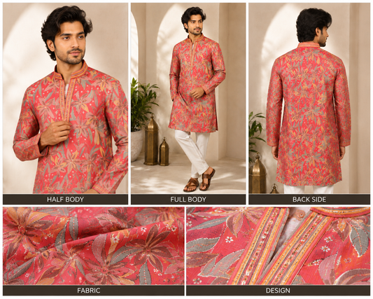 Coral Floral Printed Festive Kurta Set for Men