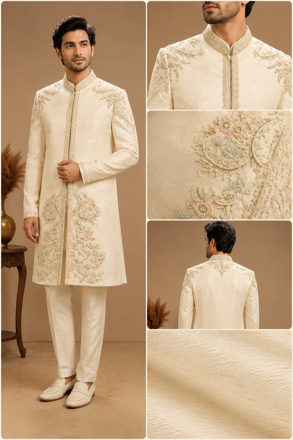Ivory Embroidered Sherwani with Churidar Set