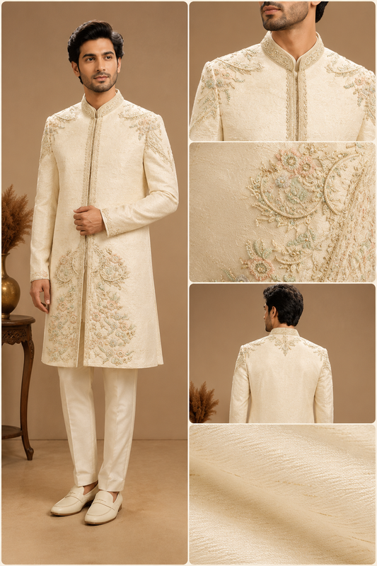 Ivory Embroidered Sherwani with Churidar Set