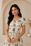 Women’s Beige Embroidered Flared Midi Dress with 3/4 Sleeves