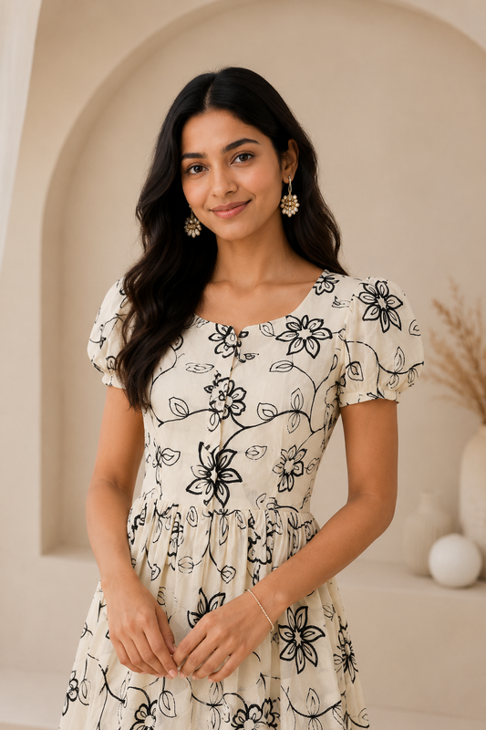 Women’s Beige Embroidered Flared Midi Dress with 3/4 Sleeves