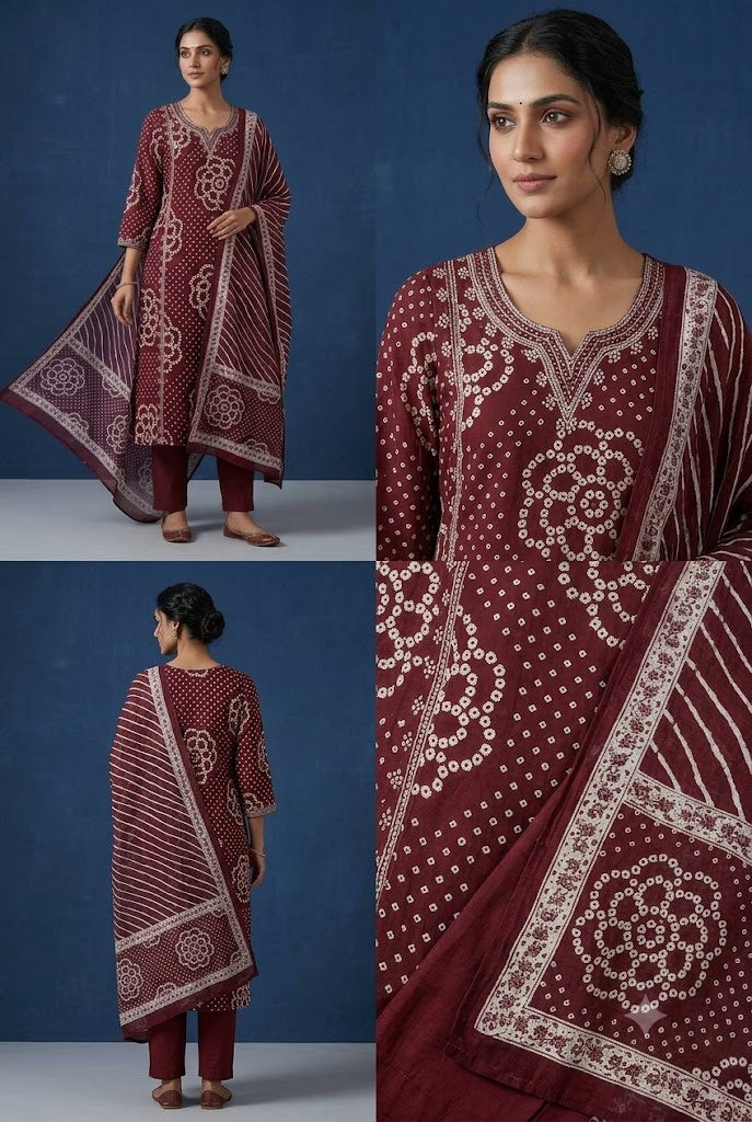 Women’s Maroon Bandhani Print Kurta Pant with Printed Dupatta Set