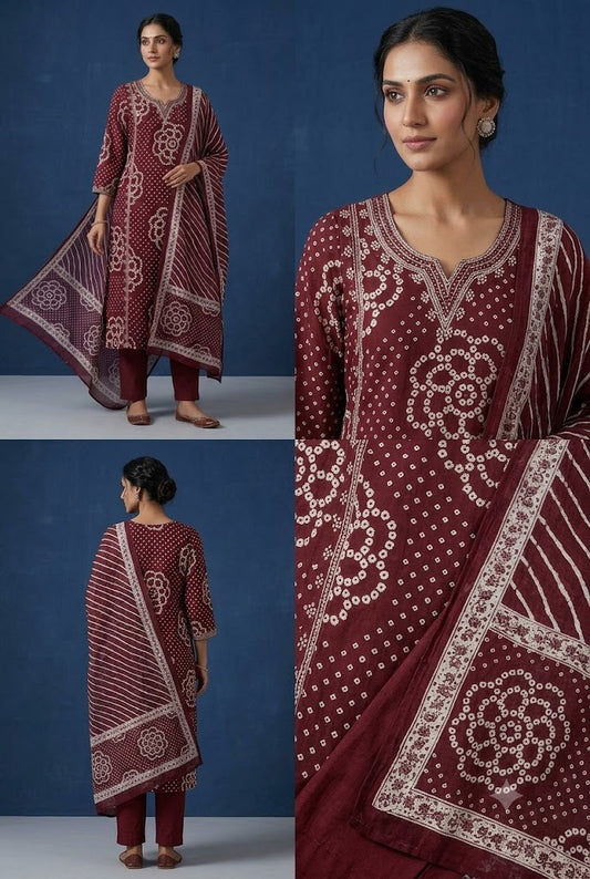 Women’s Maroon Bandhani Print Kurta Pant with Printed Dupatta Set