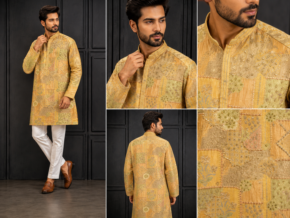 Mustard Yellow Patchwork Embroidered Kurta Set for Men