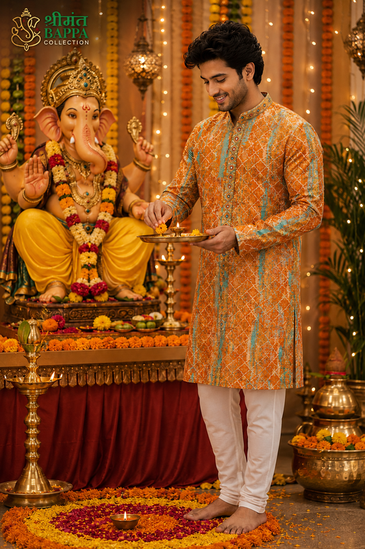 Festive Orange Printed Kurta for Men