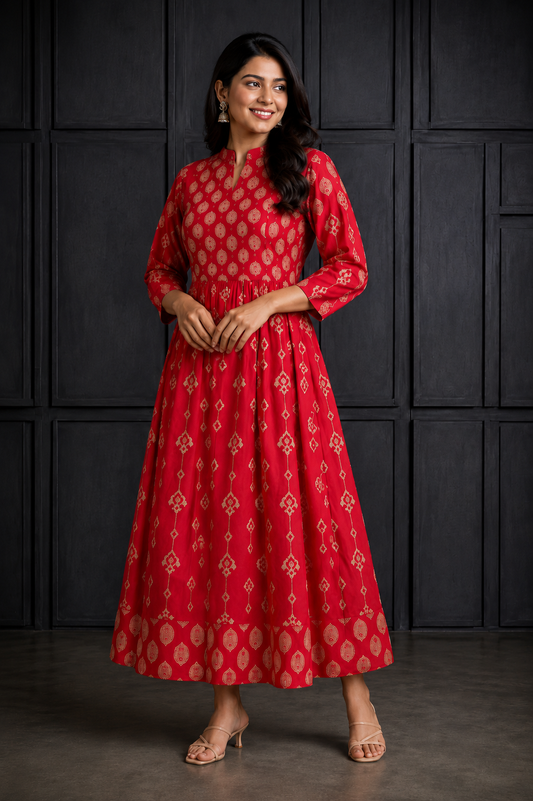 Red & Gold Printed Women’s Festive Anarkali Dress