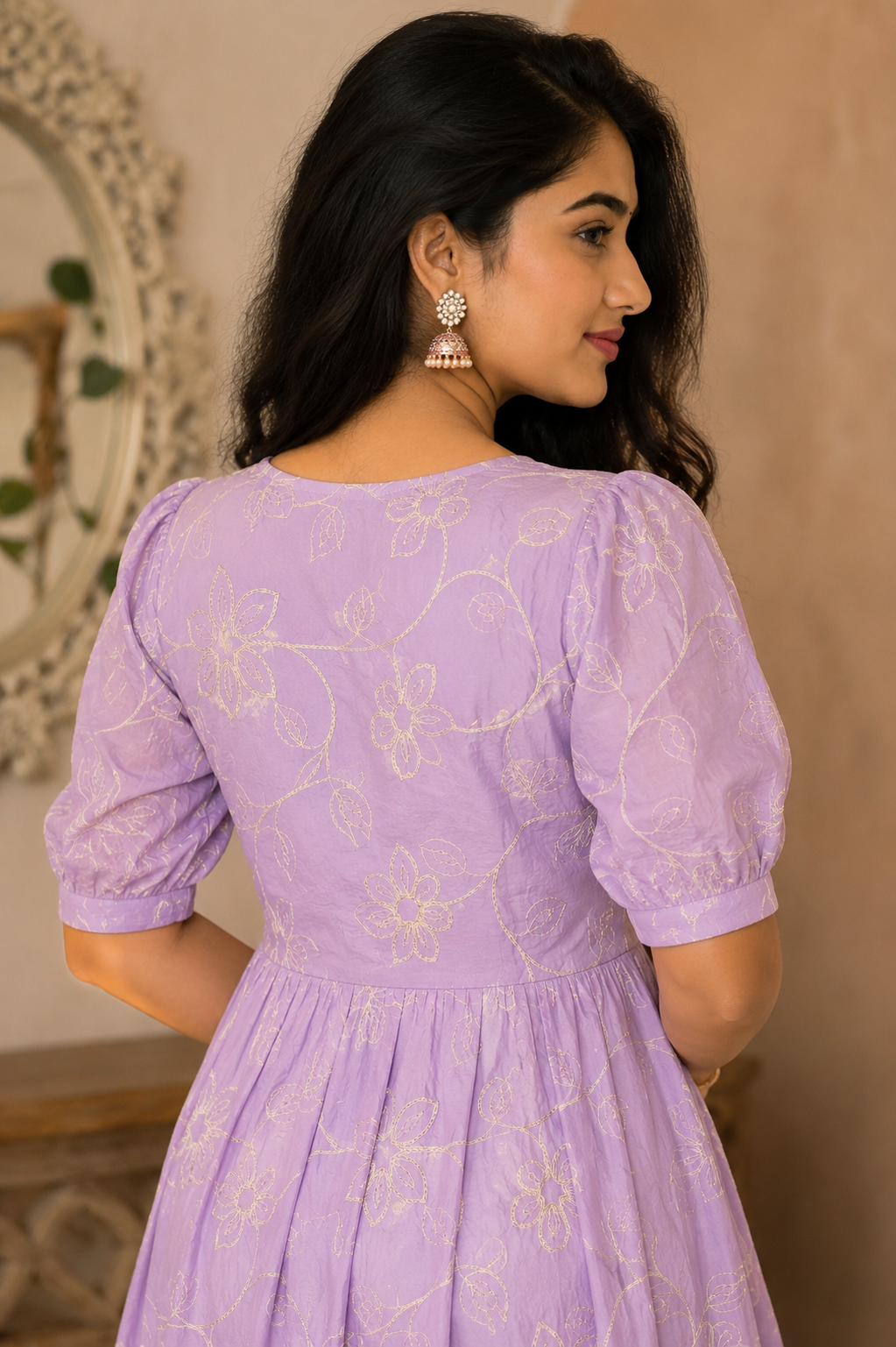 Lavender Floral Puff Sleeve Midi Dress