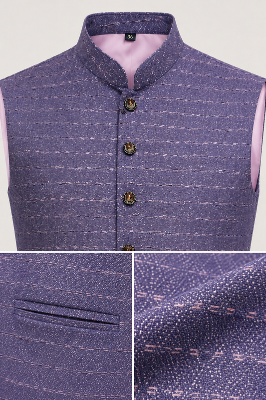Men's Textured Purple Nehru Jacket | Ethnic Waistcoat with Mandarin Collar