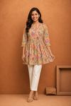 Women's Cream Floral Printed Short Kurti