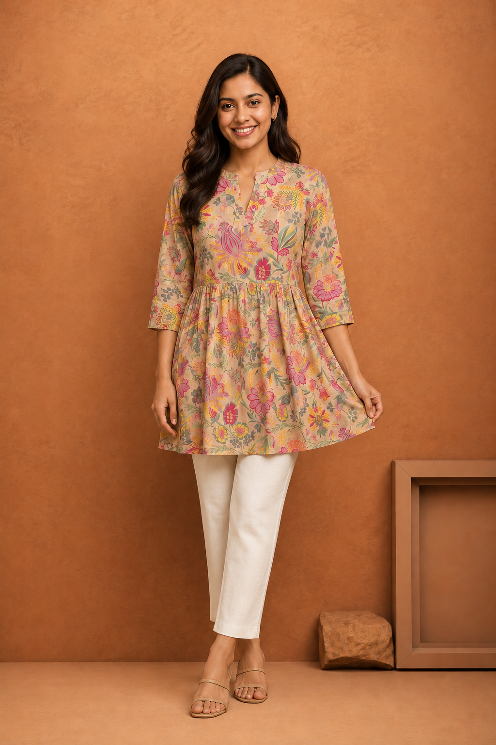 Women's Cream Floral Printed Short Kurti