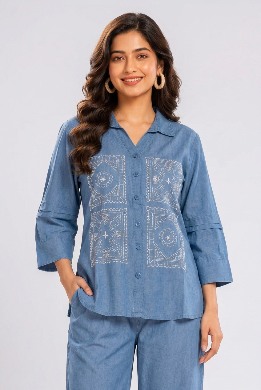 Women's Denim Blue Embroidered Co-Ord Set
