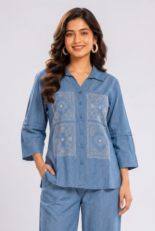 Women's Denim Blue Embroidered Co-Ord Set