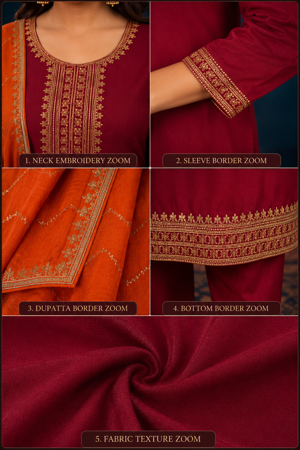 Elegant Maroon Embroidered Kurta Set with Orange Dupatta | Festive & Ethnic Wear for Women