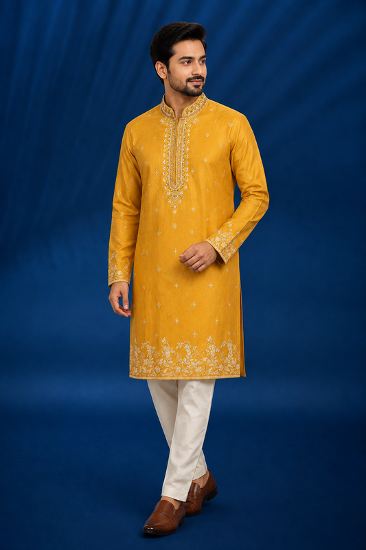 Mustard Yellow Embroidered Silk Kurta