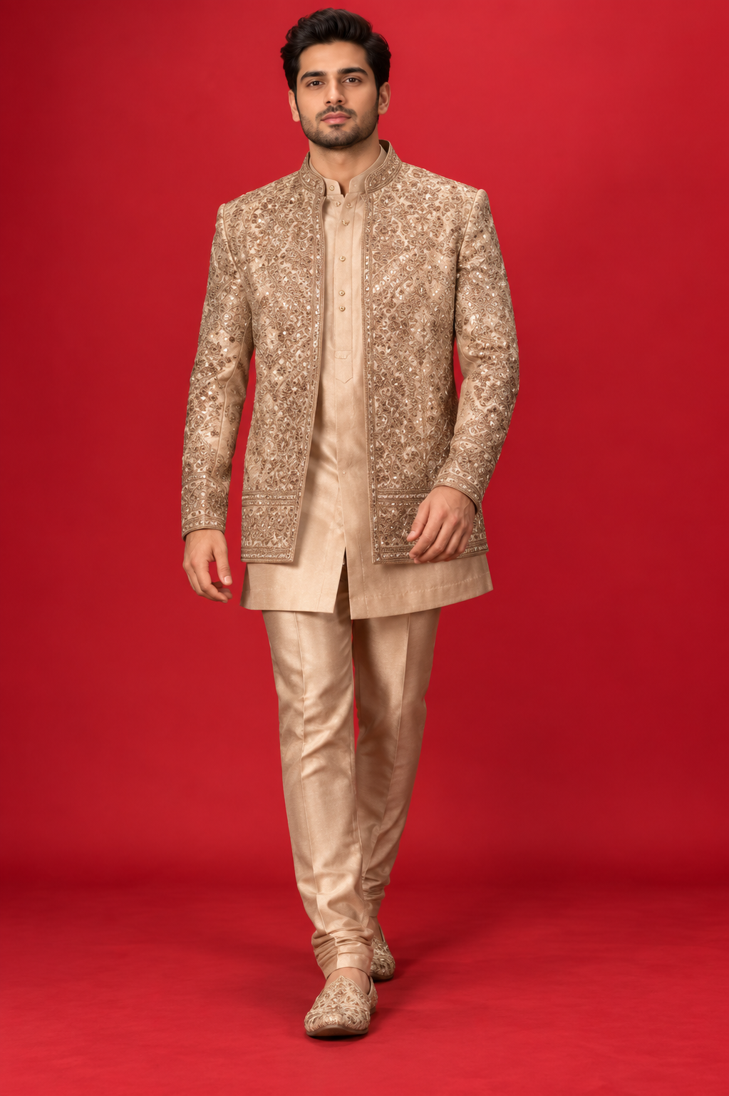 Champagne Gold Embroidered Indo-Western Jacket Set
