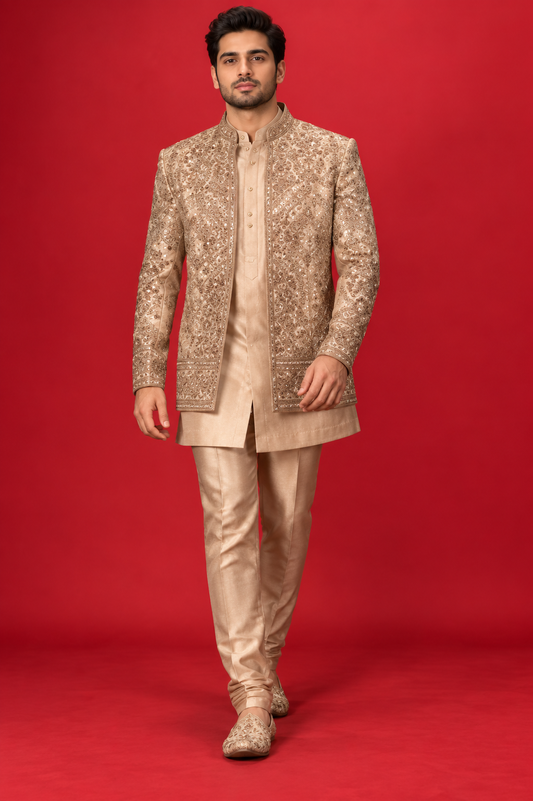 Champagne Gold Embroidered Indo-Western Jacket Set