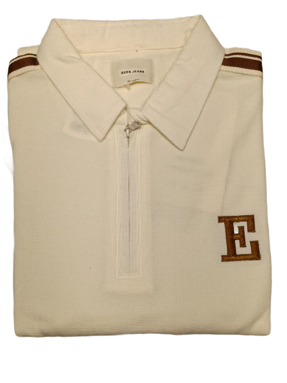 Men’s Off-White Half-Zip Polo T-Shirt with Contrast Sleeve Stripes