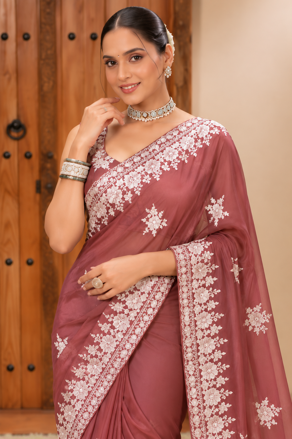 Elegant Mauve Floral Embroidered Saree