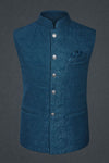 Men Teal Blue Jacquard Bundi Jacket