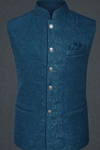 Men Teal Blue Jacquard Bundi Jacket