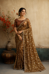 Elegant Coffee Brown Floral Embroidered Organza Saree